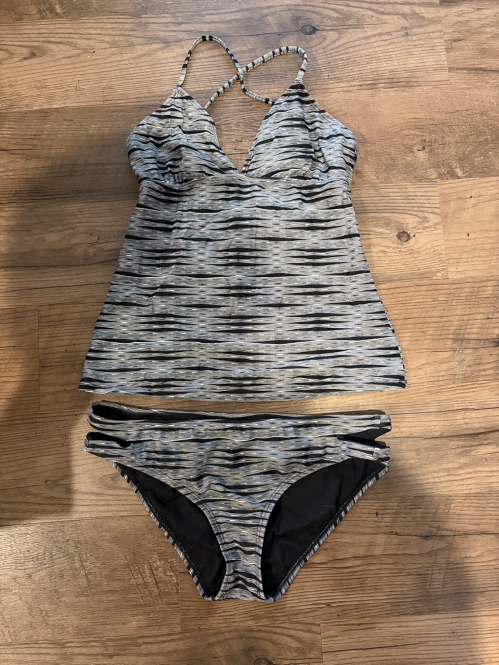 Athleta Black and Gray Striped Tankini Swim Set